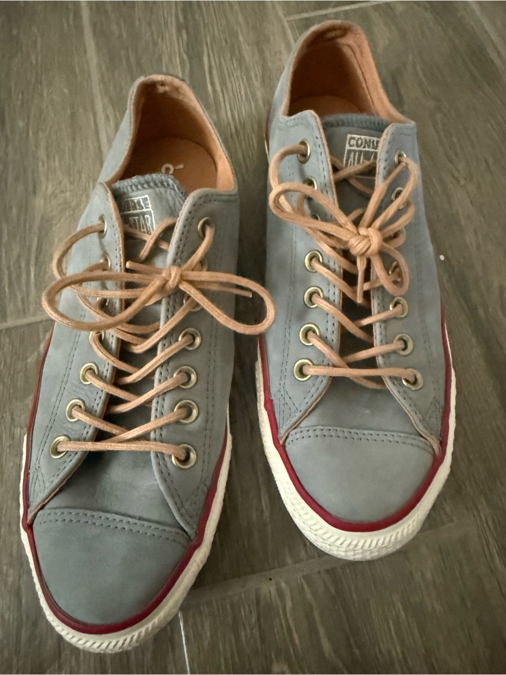 Converse Men’s Low-Top Sneakers in Gray with Red Trim and Tan Laces